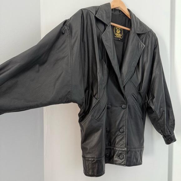 Vintage black leather oversized double breasted jacket - size 2 (Small) - Picture 4 of 6